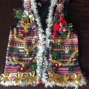 Ugly Christmas Sweater Holiday Handmade Vest Tinsel Jingle‎ Bells Bows WN LRG
